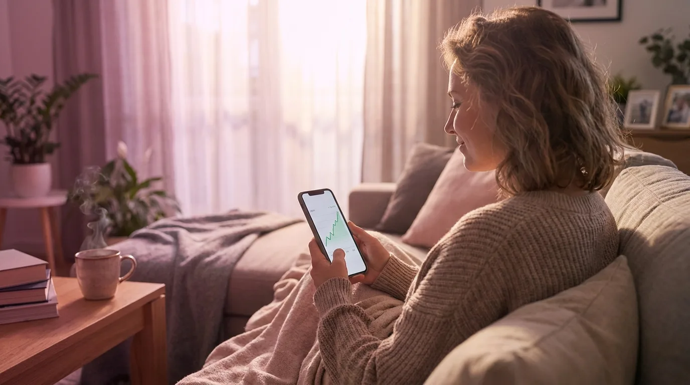 A relaxed woman at home checking a phone that shows a simple rising earnings chart.
